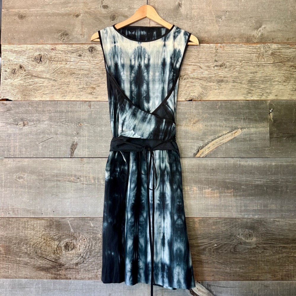 Uzi NYC Refugee Wrap Dress OS Blue White Shibori Sleeveless Hand Dye Art to Wear